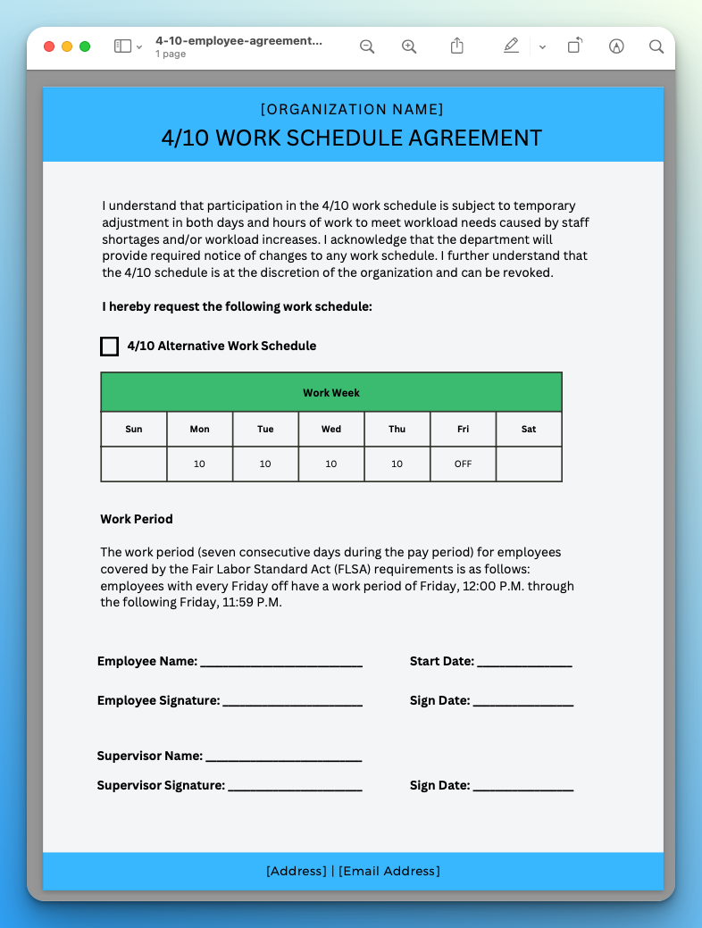 4/10 work schedule agreement