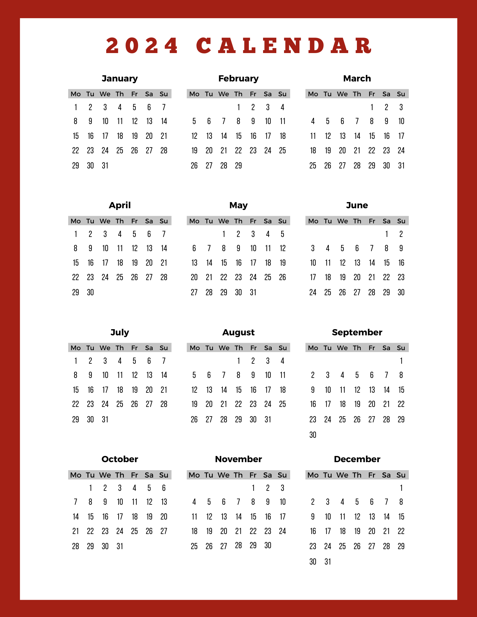 2024 Calendar Days Meg Larina