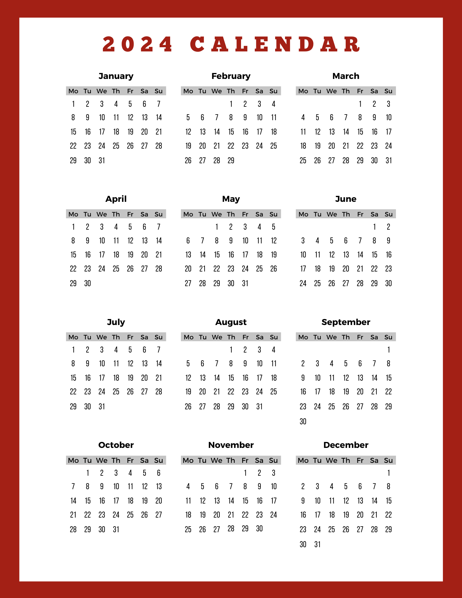 2024 Calendar Days 2024 Calendar Template