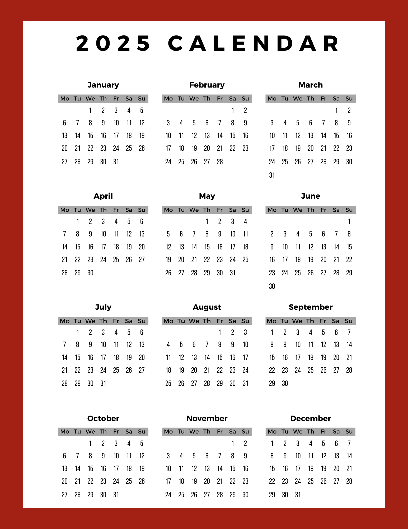 Working Days Per Month: 2025 Calendar  Buildremote