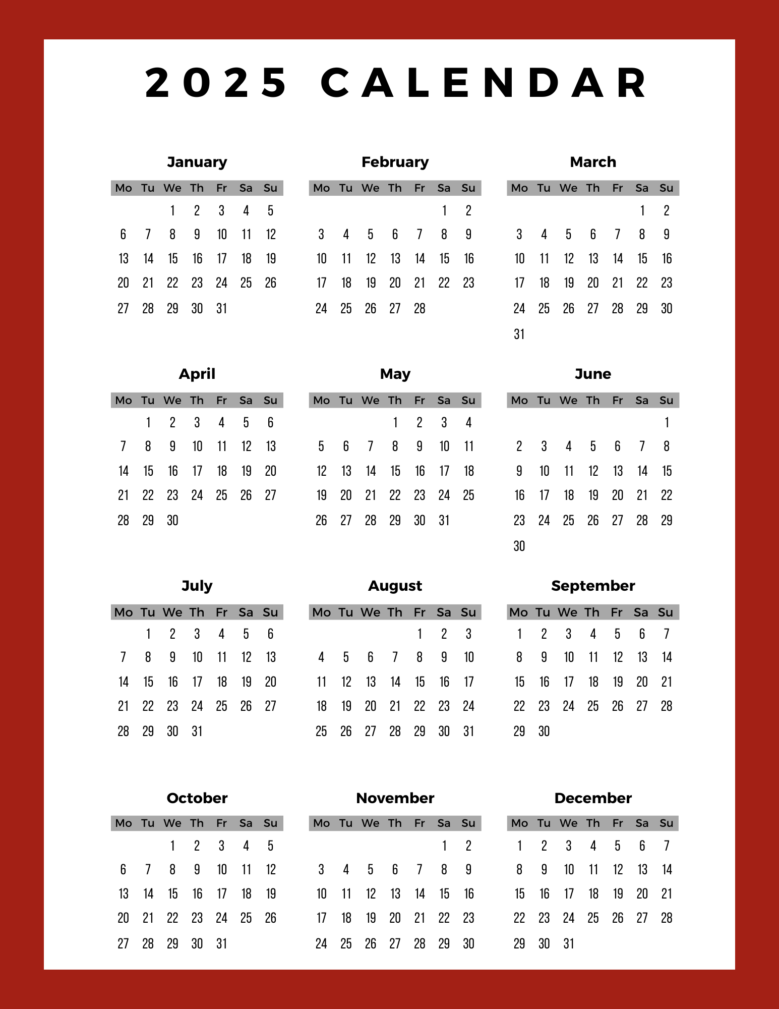 Business Calendar Template 2025