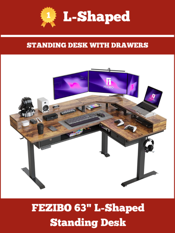 L-shaped standing desk with drawers