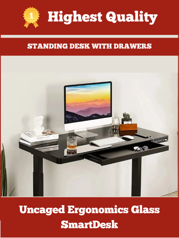 Uncaged standing desk with drawers