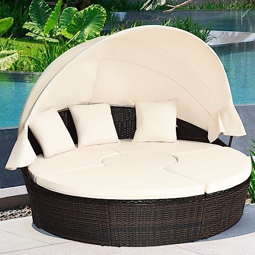 Patio Round Daybed with Retractable Canopy by Tangkula