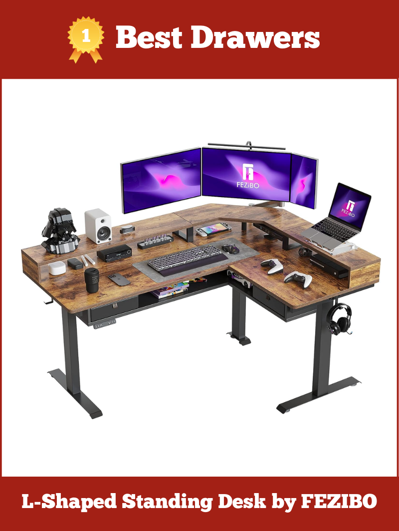 Large L-shaped standing desk with drawers