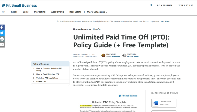 Fit Small Business Sample Unlimited PTO Policy
