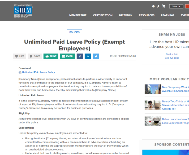 SHRM Unlimited PTO Policy Sample