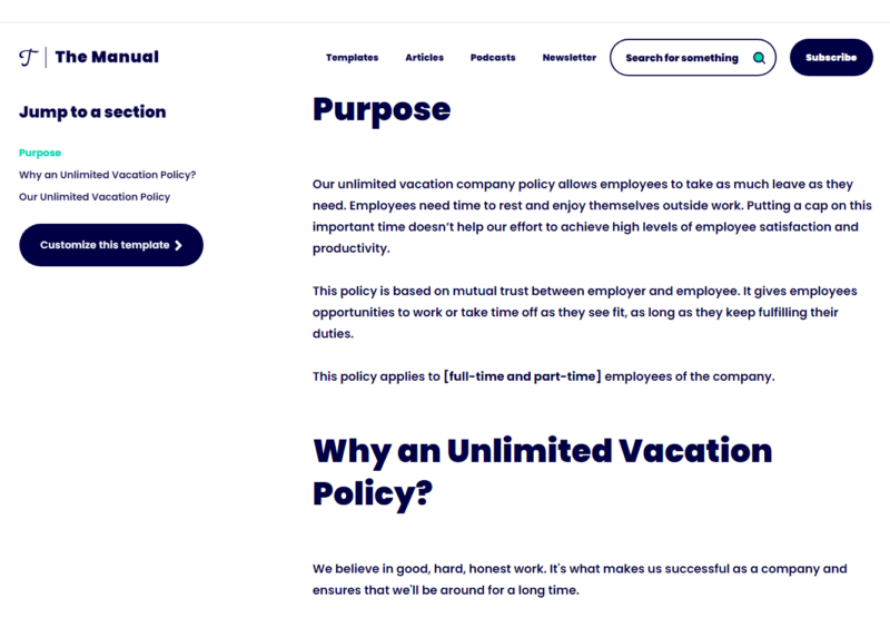 Trainual Unlimited Vacation (PTO) Policy Sample Template