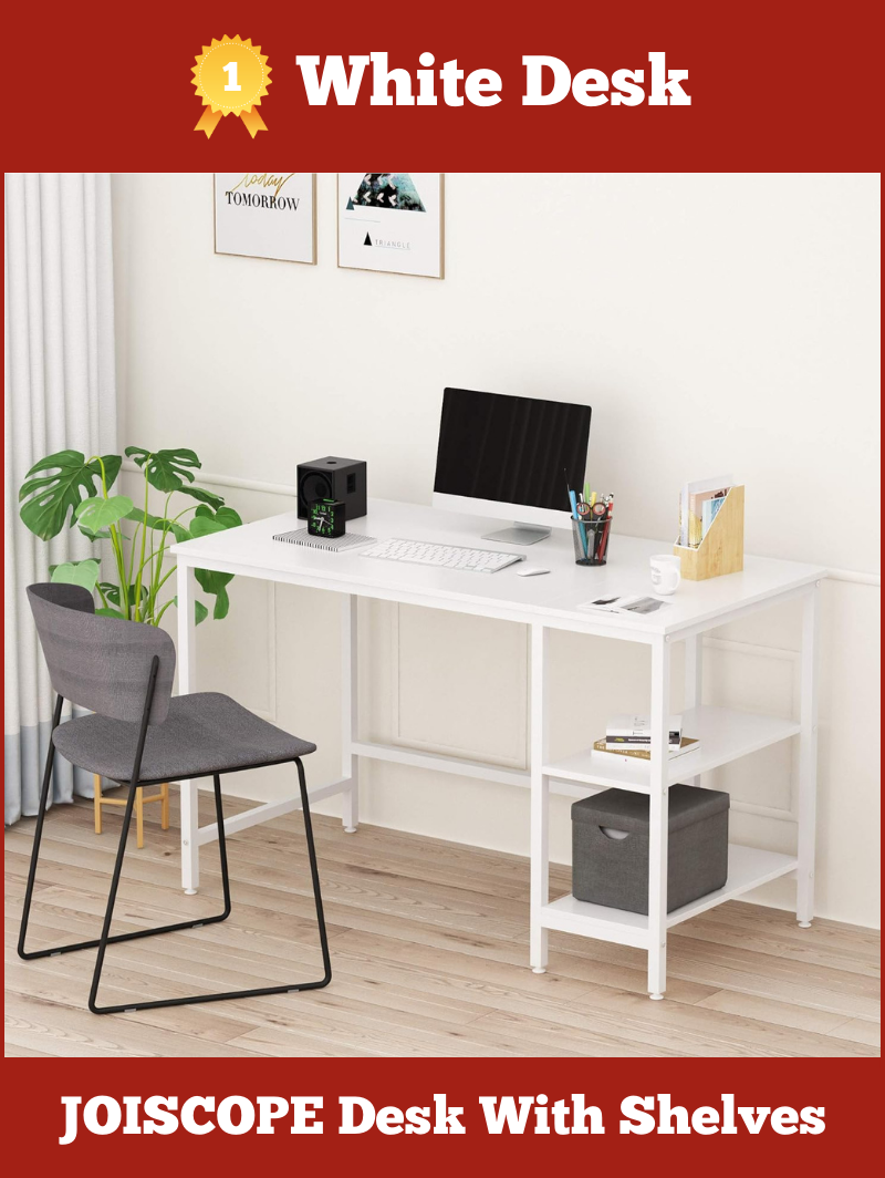 White Desk With Shelves: Desk With Two-Tier Storage Shelf By JOISCOPE
